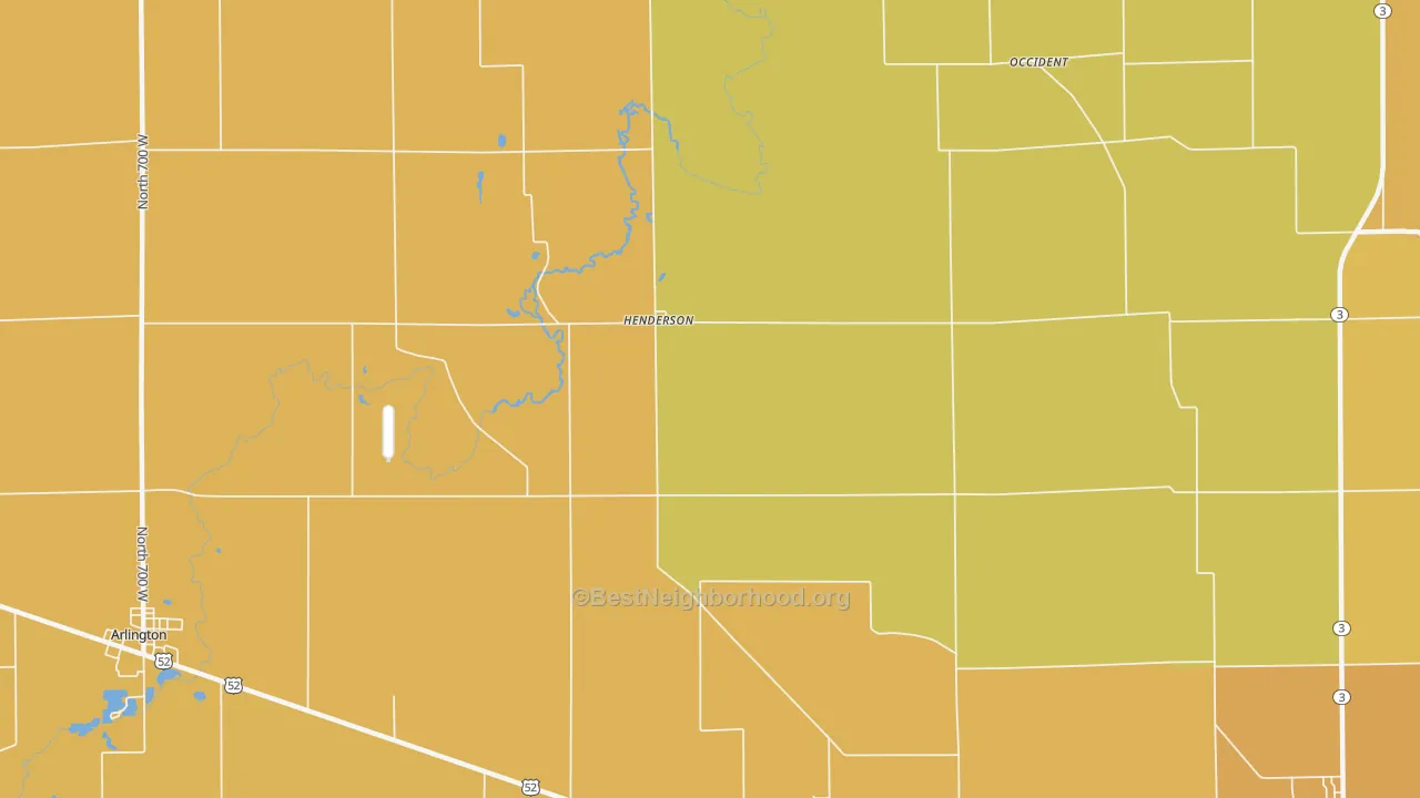 Map of the best neighborhoods in the Henderson area, with better matches in green and worse matches in red