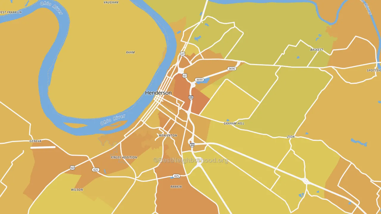Map of the best neighborhoods in the Henderson area, with better matches in green and worse matches in red