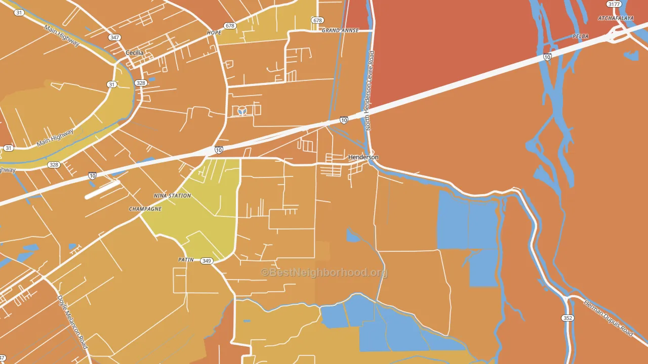 Map of the best neighborhoods in the Henderson area, with better matches in green and worse matches in red