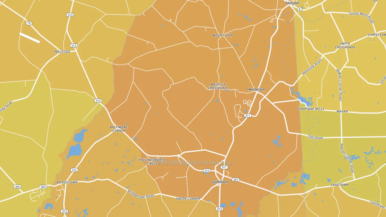 Map of the best neighborhoods in the Henderson area, with better matches in green and worse matches in red
