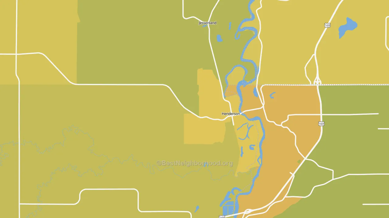 Map of the best neighborhoods in the Henderson area, with better matches in green and worse matches in red