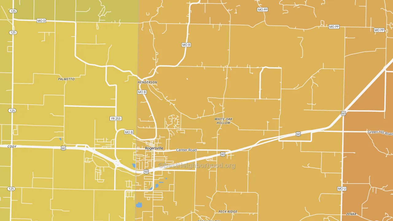 Map of the best neighborhoods in the Henderson area, with better matches in green and worse matches in red