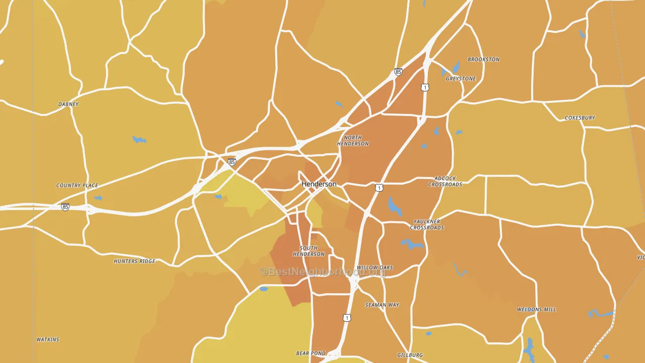 Map of the best neighborhoods in the Henderson area, with better matches in green and worse matches in red