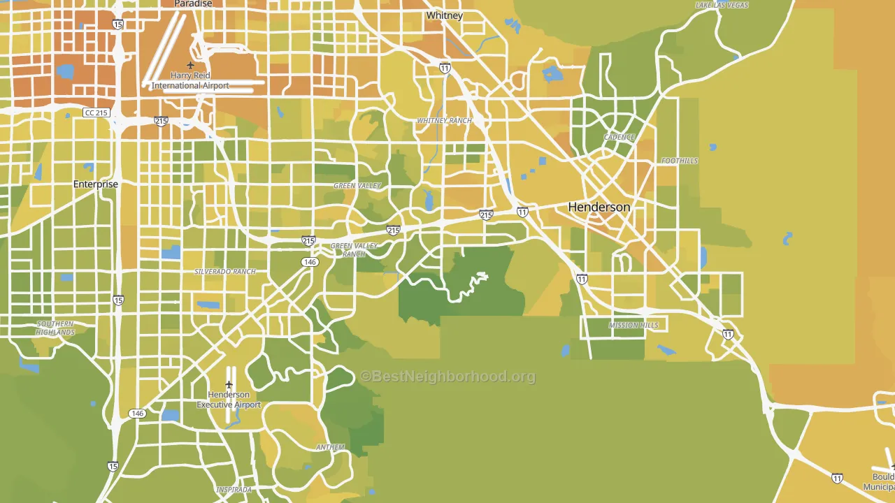 Map of the best neighborhoods in the Henderson area, with better matches in green and worse matches in red
