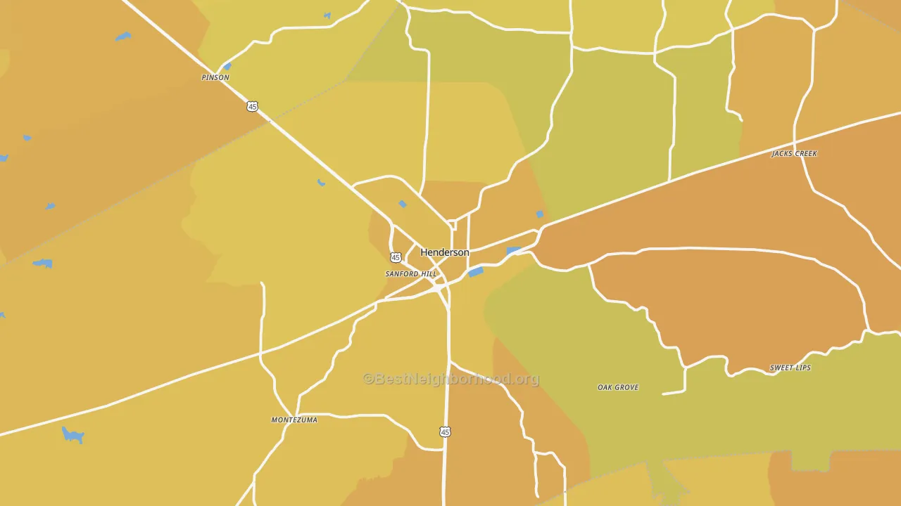 Map of the best neighborhoods in the Henderson area, with better matches in green and worse matches in red