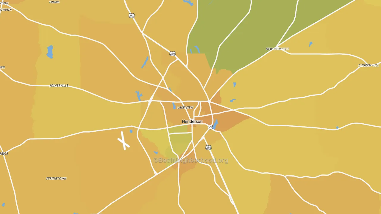 Map of the best neighborhoods in the Henderson area, with better matches in green and worse matches in red