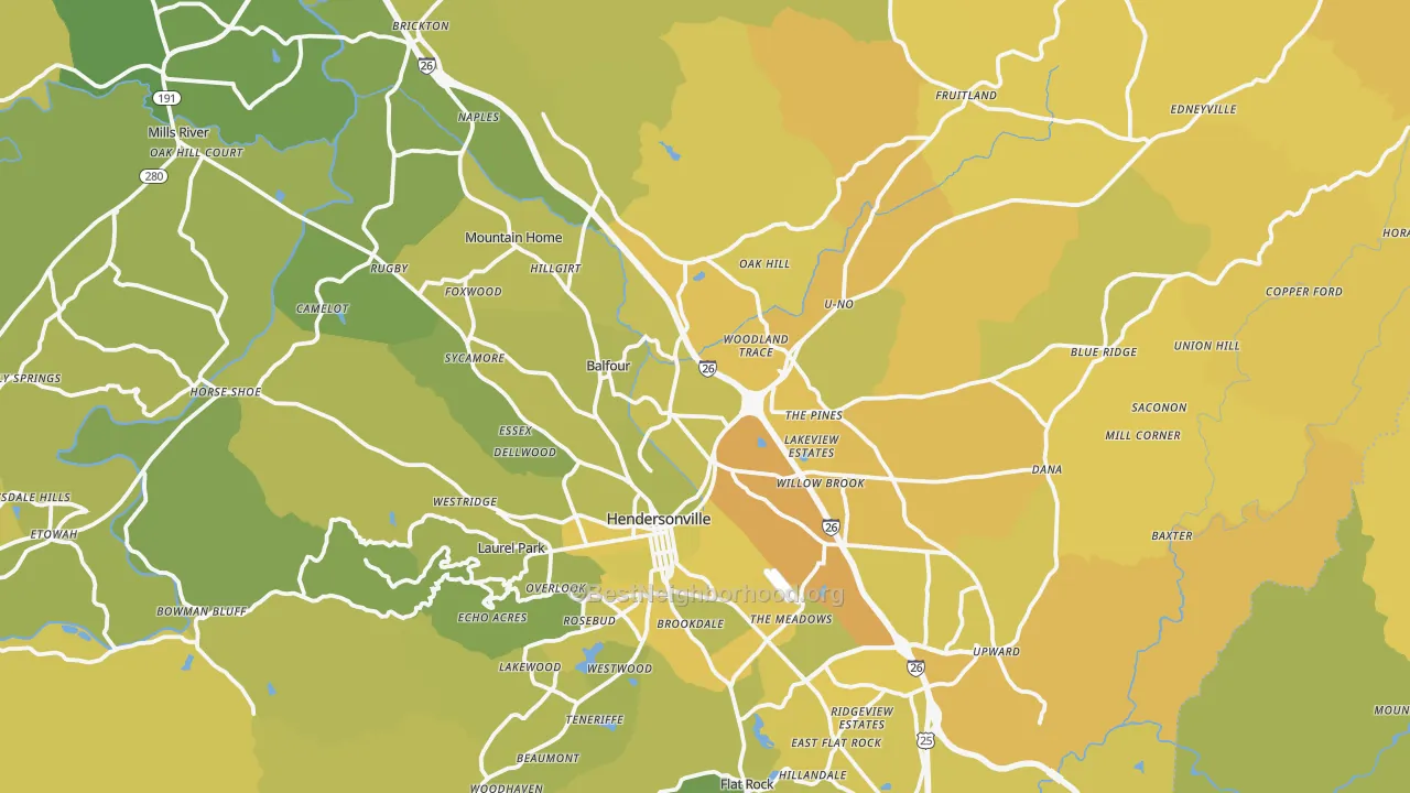 Map of the best neighborhoods in the Hendersonville area, with better matches in green and worse matches in red