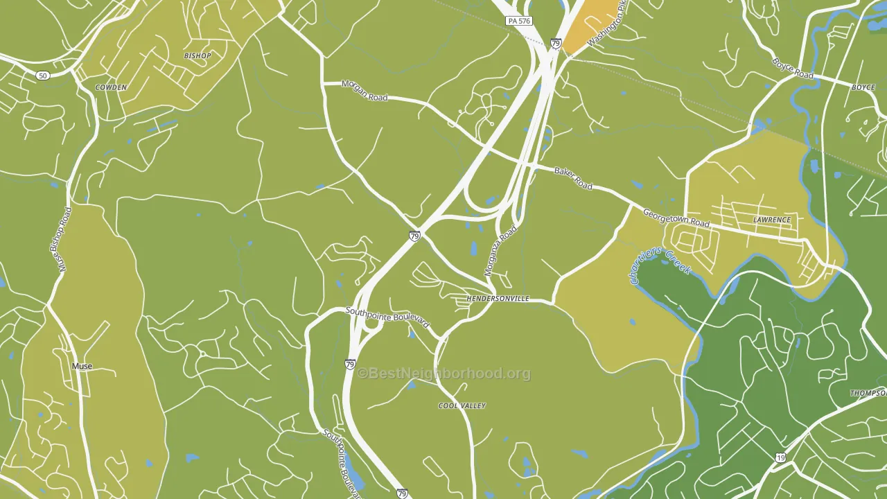Map of the best neighborhoods in the Hendersonville area, with better matches in green and worse matches in red