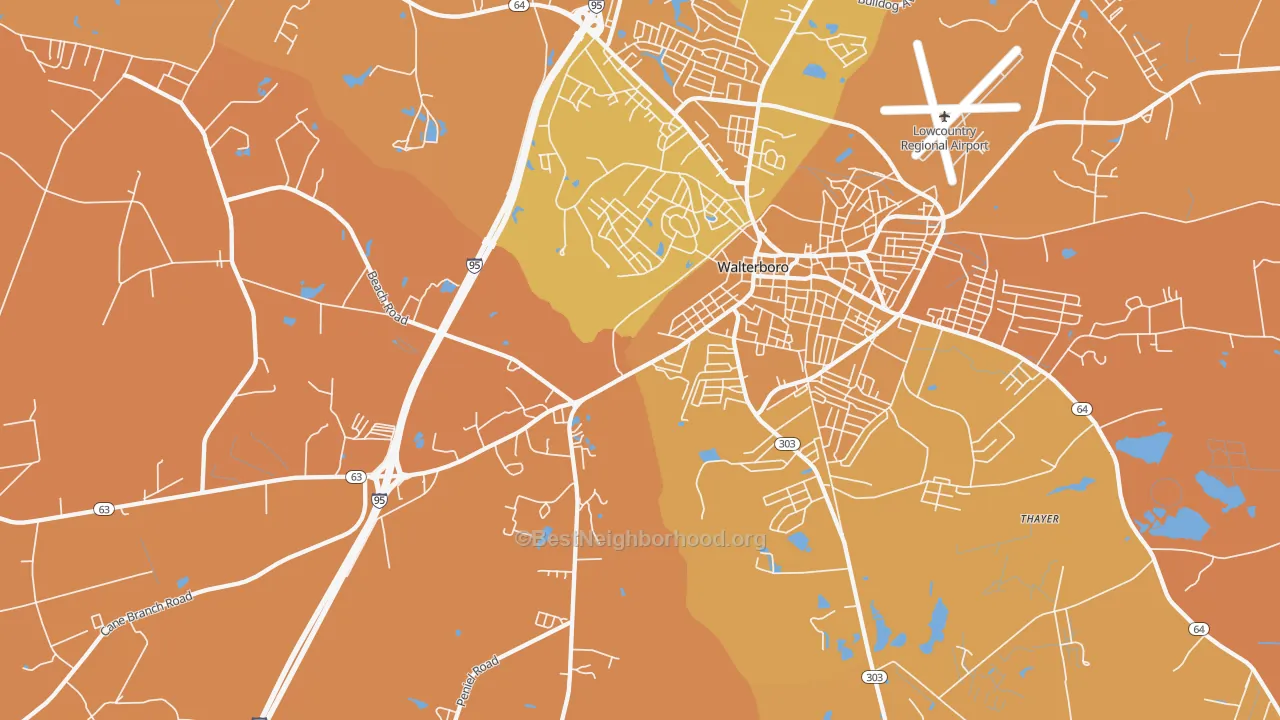 Map of the best neighborhoods in the Hendersonville area, with better matches in green and worse matches in red