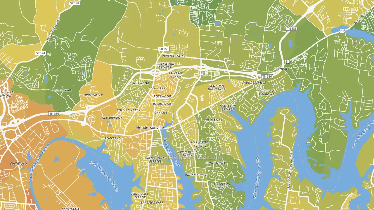 Map of the best neighborhoods in the Hendersonville area, with better matches in green and worse matches in red