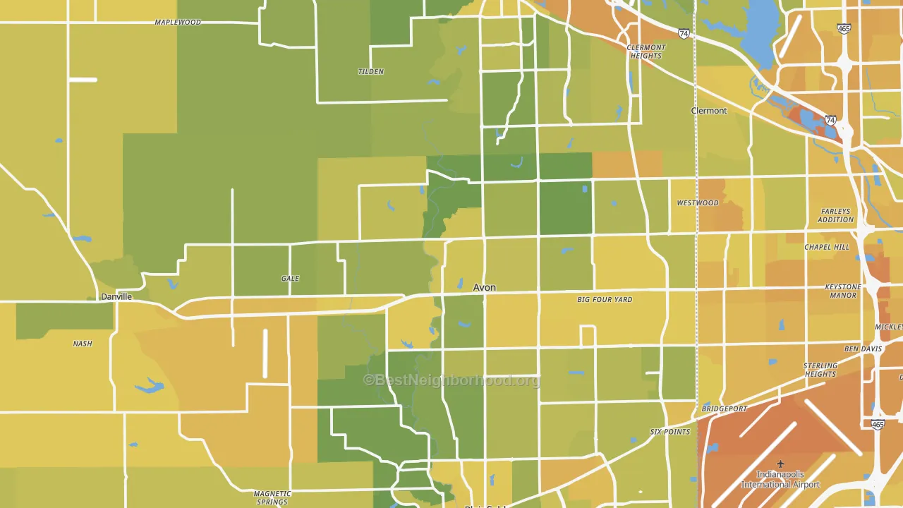 Map of the best neighborhoods in the Hendricks County area, with better matches in green and worse matches in red