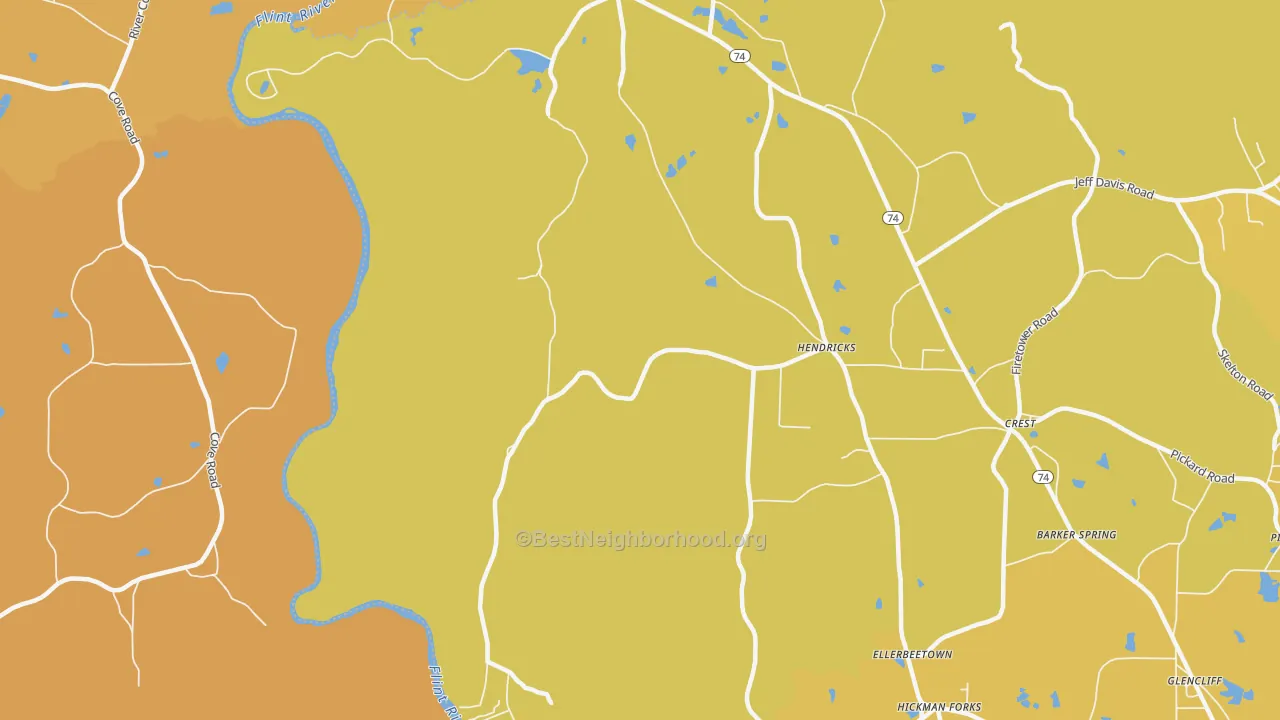 Map of the best neighborhoods in the Hendricks area, with better matches in green and worse matches in red