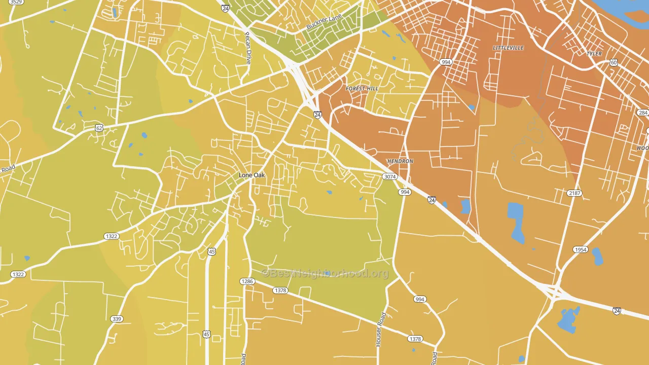 Map of the best neighborhoods in the Hendron area, with better matches in green and worse matches in red