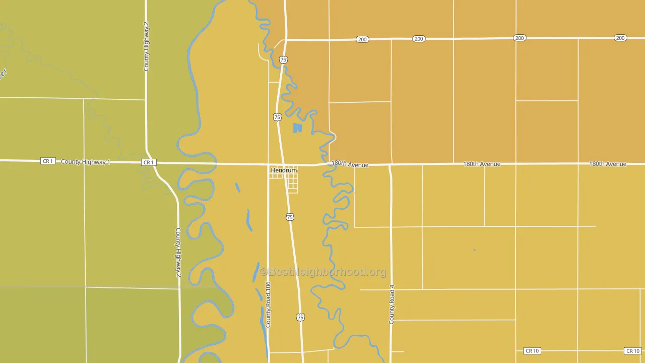 Map of the best neighborhoods in the Hendrum area, with better matches in green and worse matches in red