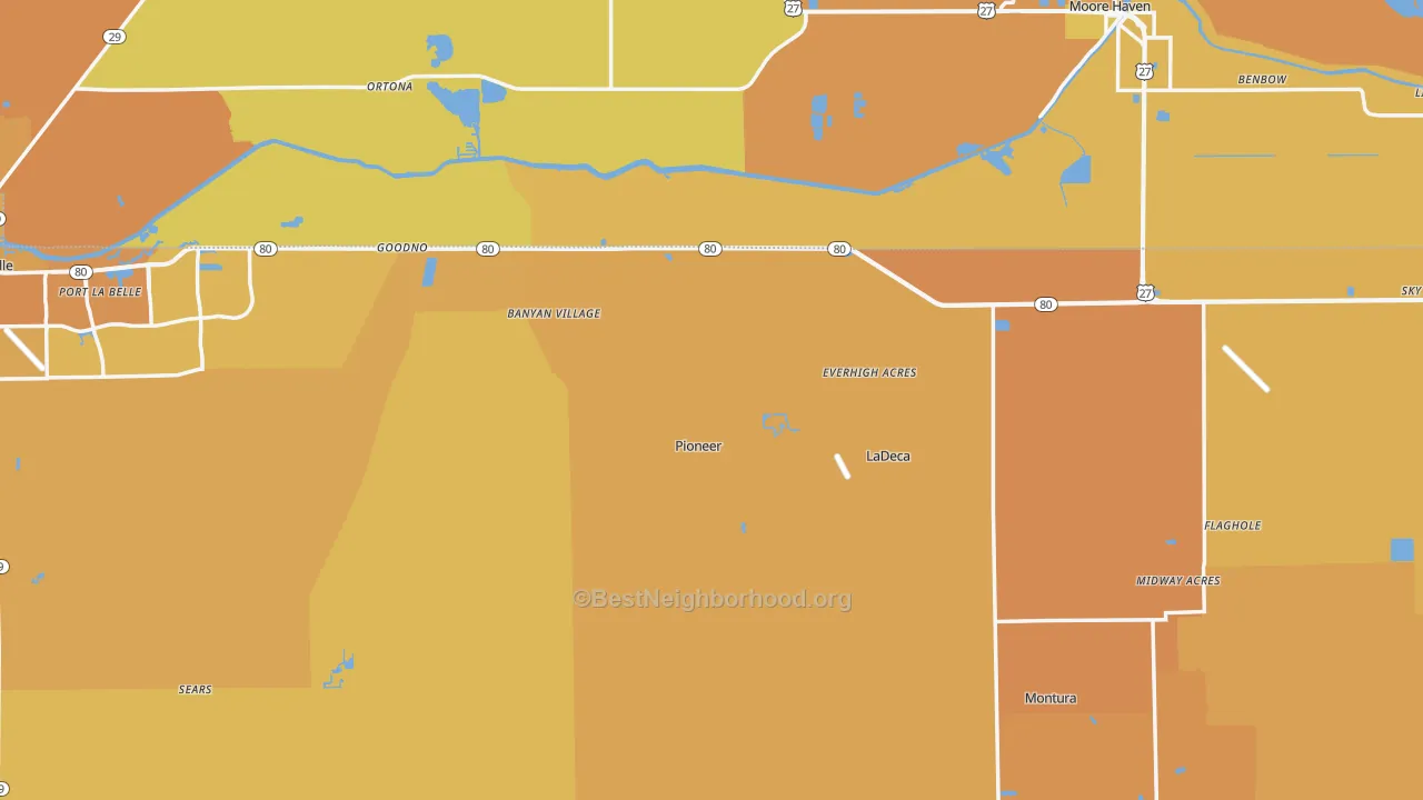 Map of the best neighborhoods in the Hendry County area, with better matches in green and worse matches in red