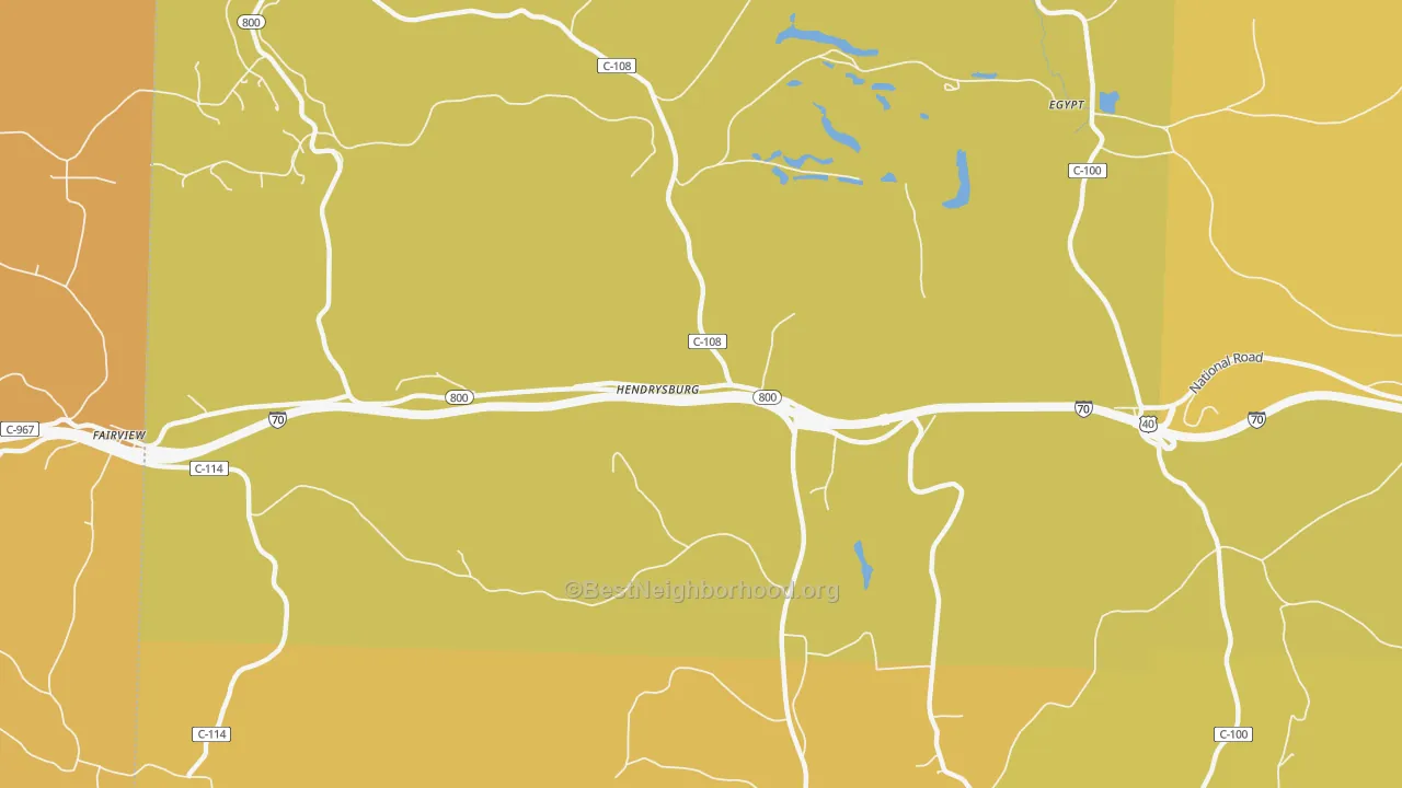 Map of the best neighborhoods in the Hendrysburg area, with better matches in green and worse matches in red