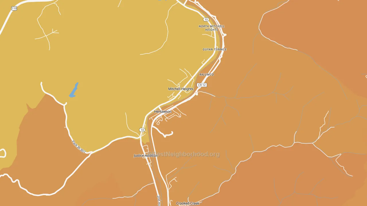 Map of the best neighborhoods in the Henlawson area, with better matches in green and worse matches in red