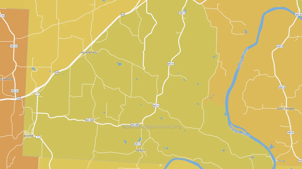 Map of the best neighborhoods in the Henley area, with better matches in green and worse matches in red
