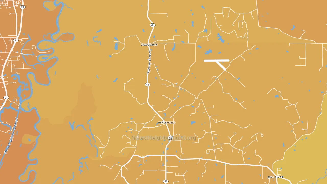 Map of the best neighborhoods in the Henleyfield area, with better matches in green and worse matches in red