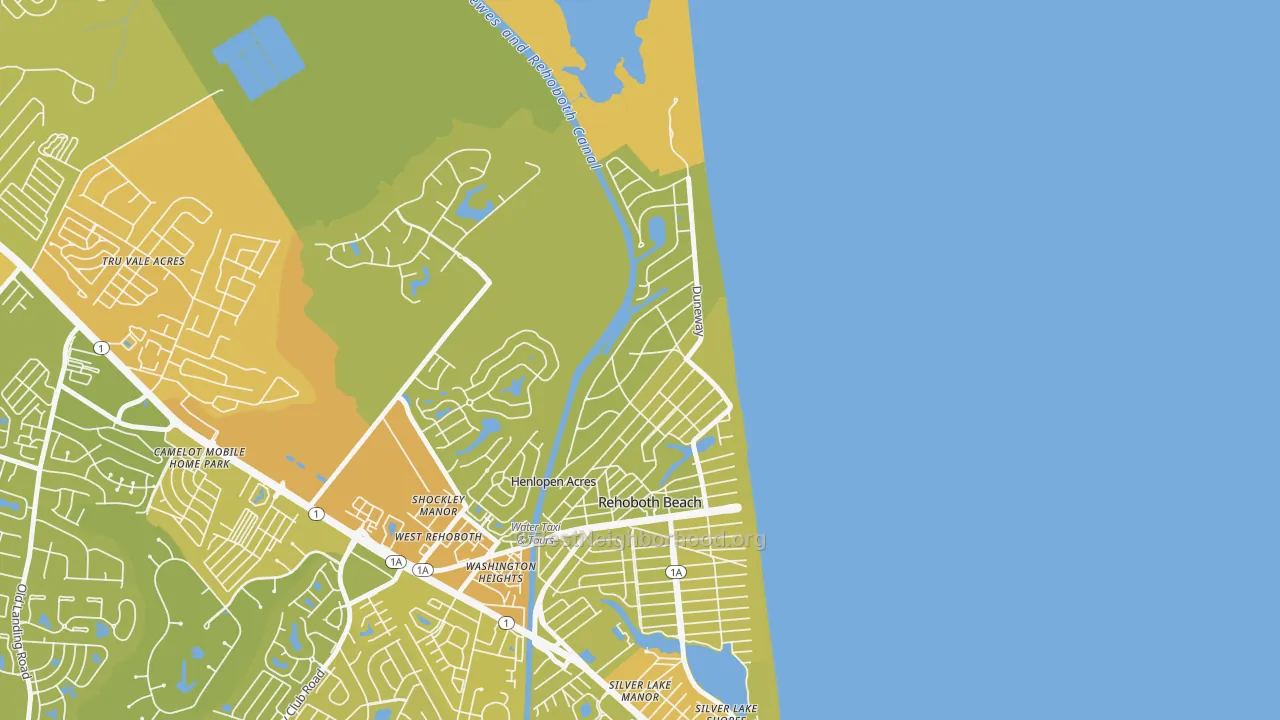 Map of the best neighborhoods in the Henlopen Acres area, with better matches in green and worse matches in red
