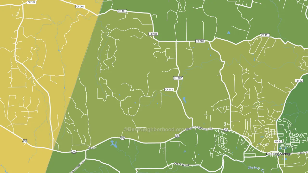 Map of the best neighborhoods in the Henly area, with better matches in green and worse matches in red