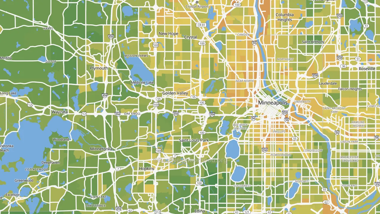Map of the best neighborhoods in the Hennepin County area, with better matches in green and worse matches in red