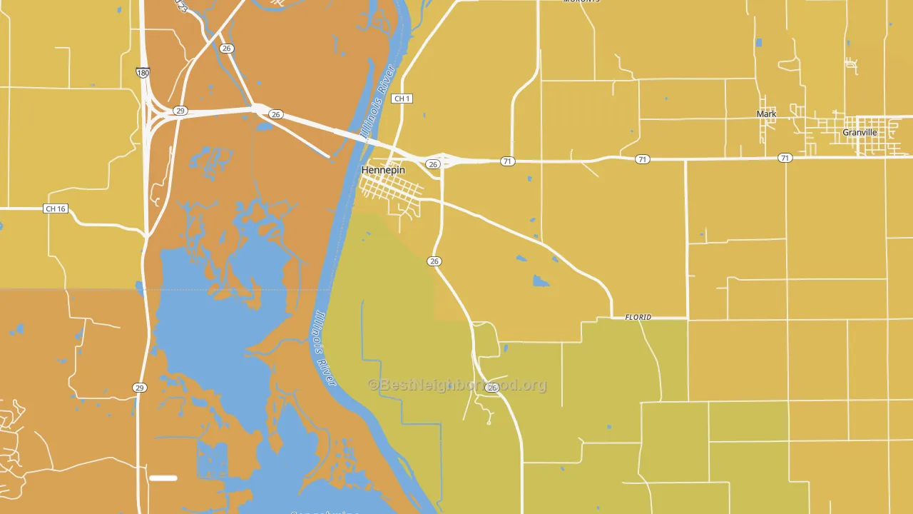 Map of the best neighborhoods in the Hennepin area, with better matches in green and worse matches in red