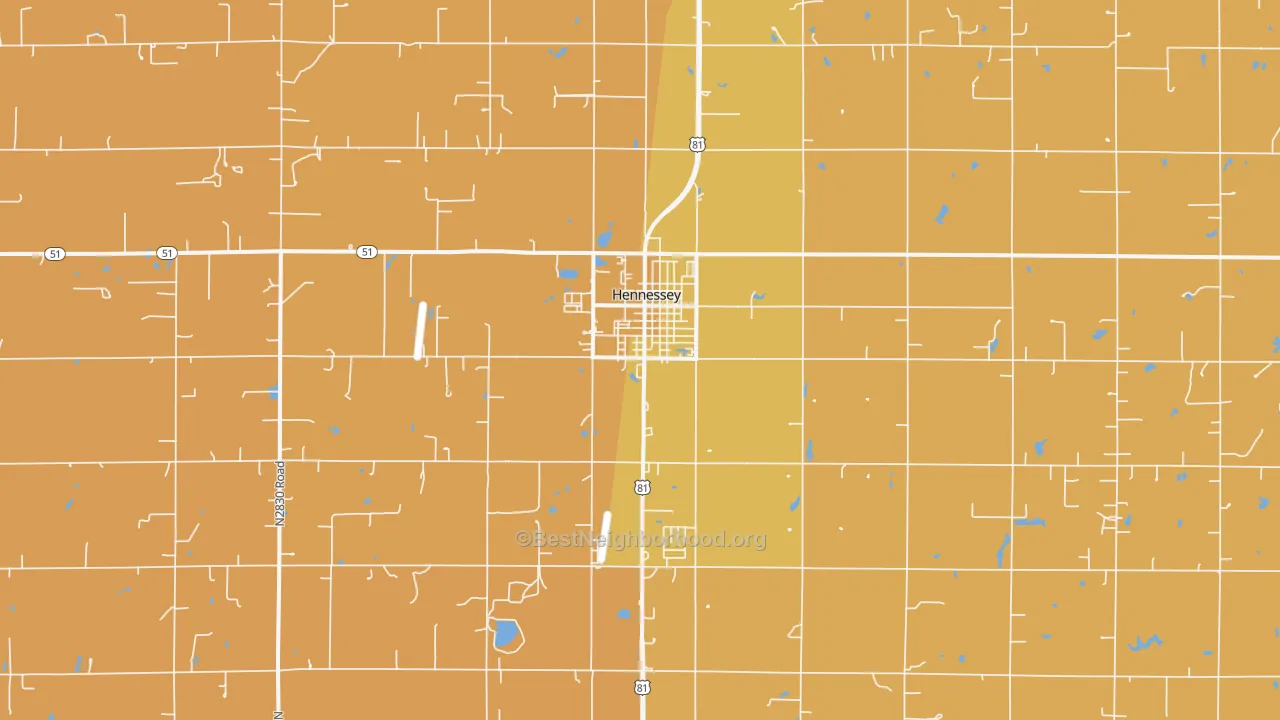 Map of the best neighborhoods in the Hennessey area, with better matches in green and worse matches in red