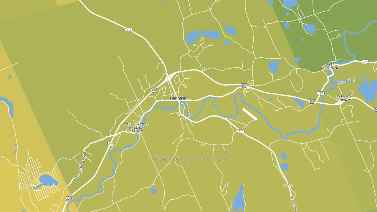 Map of the best neighborhoods in the Henniker area, with better matches in green and worse matches in red