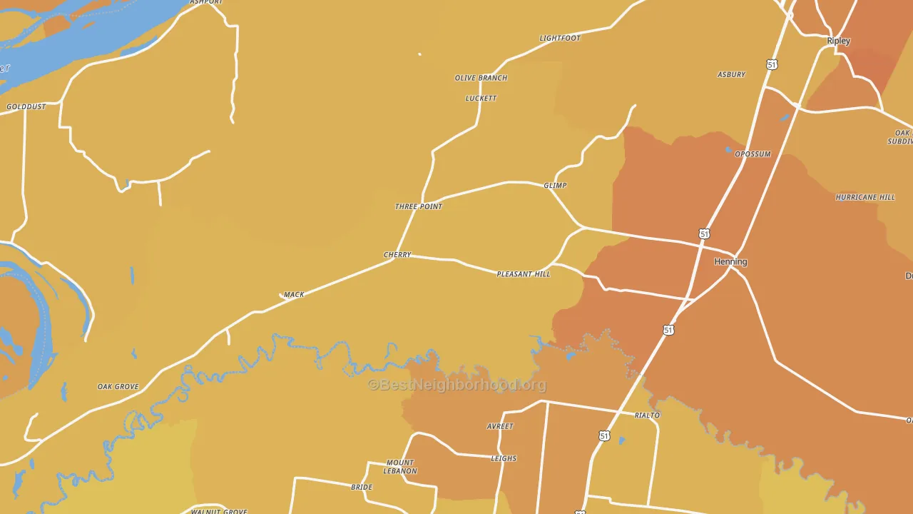 Map of the best neighborhoods in the Henning area, with better matches in green and worse matches in red