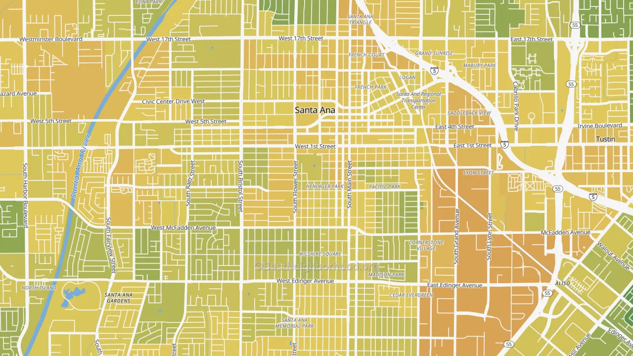 Map of the best neighborhoods in the Henninger Park, Santa Ana area, with better matches in green and worse matches in red