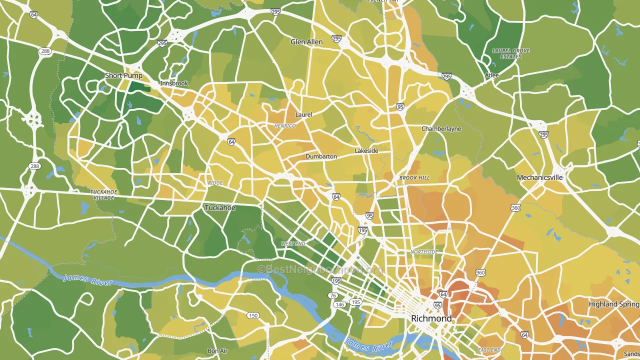 Map of the best neighborhoods in the Henrico County area, with better matches in green and worse matches in red