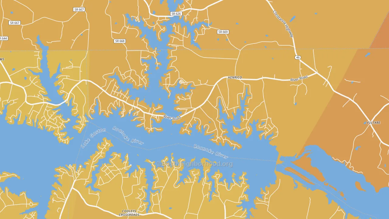 Map of the best neighborhoods in the Henrico area, with better matches in green and worse matches in red