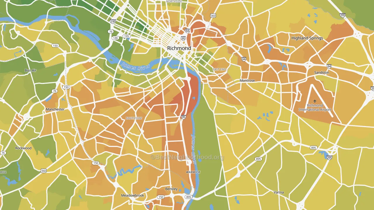 Map of the best neighborhoods in the Henrico area, with better matches in green and worse matches in red