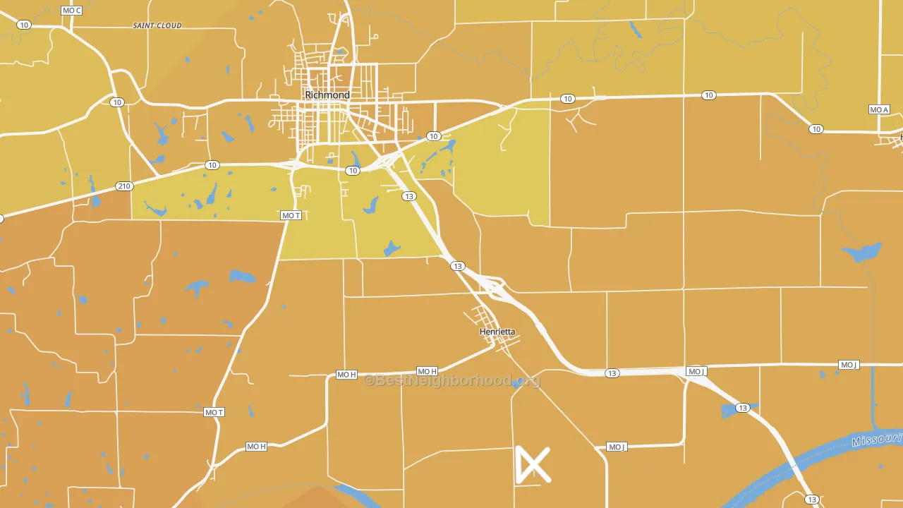 Map of the best neighborhoods in the Henrietta area, with better matches in green and worse matches in red