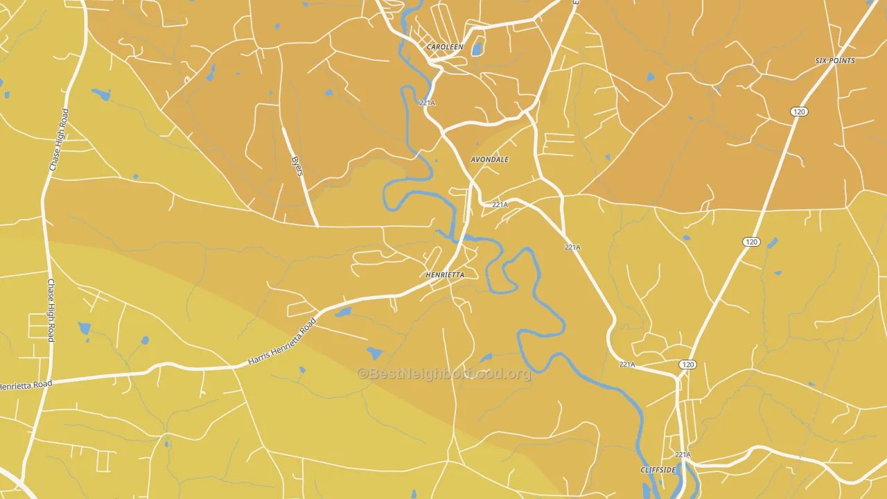 Map of the best neighborhoods in the Henrietta area, with better matches in green and worse matches in red