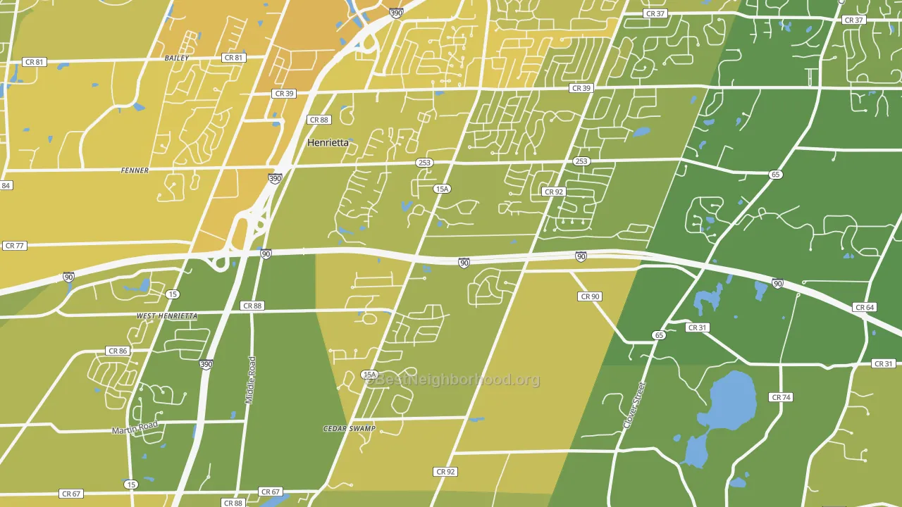 Map of the best neighborhoods in the Henrietta area, with better matches in green and worse matches in red