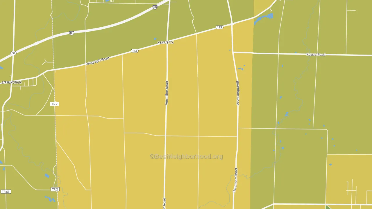 Map of the best neighborhoods in the Henrietta area, with better matches in green and worse matches in red