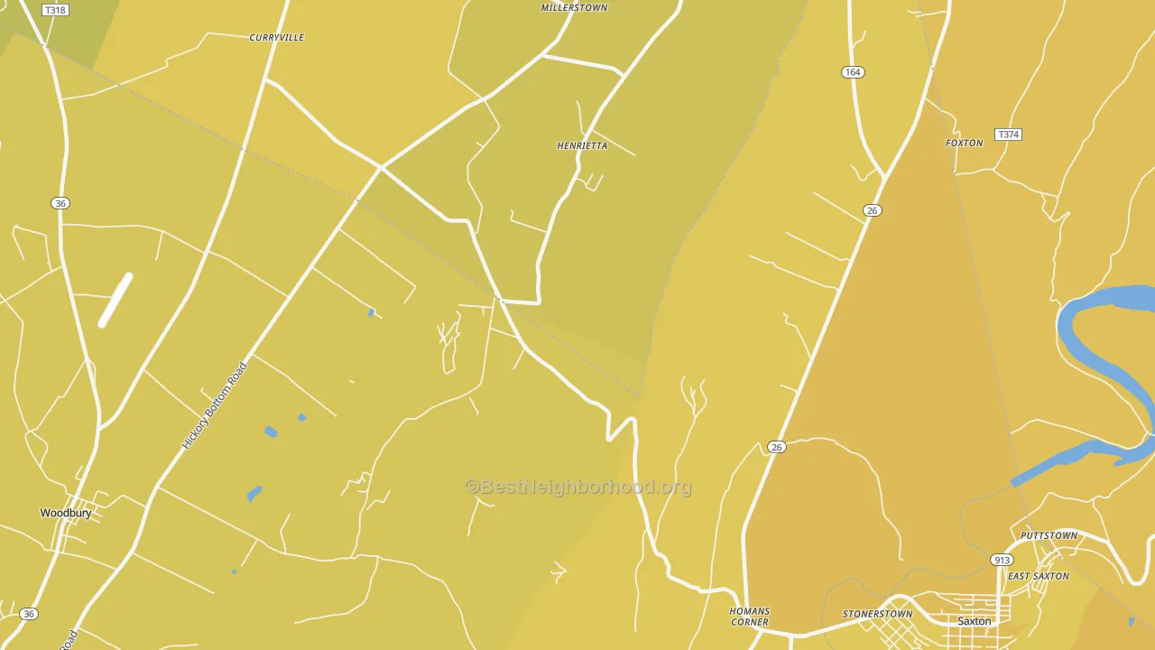 Map of the best neighborhoods in the Henrietta area, with better matches in green and worse matches in red