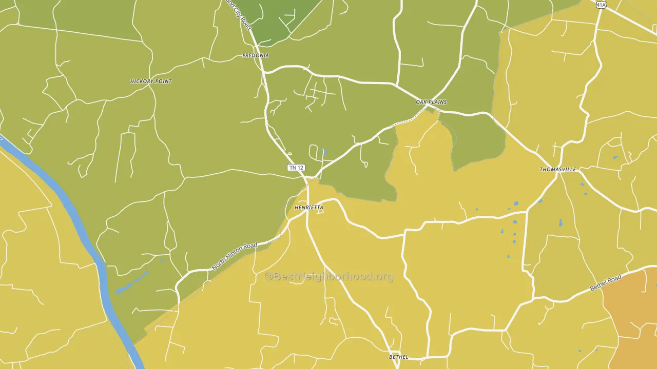 Map of the best neighborhoods in the Henrietta area, with better matches in green and worse matches in red