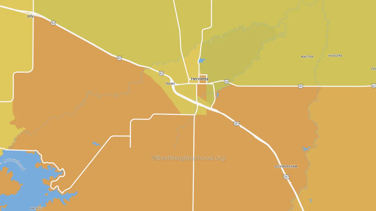 Map of the best neighborhoods in the Henrietta area, with better matches in green and worse matches in red