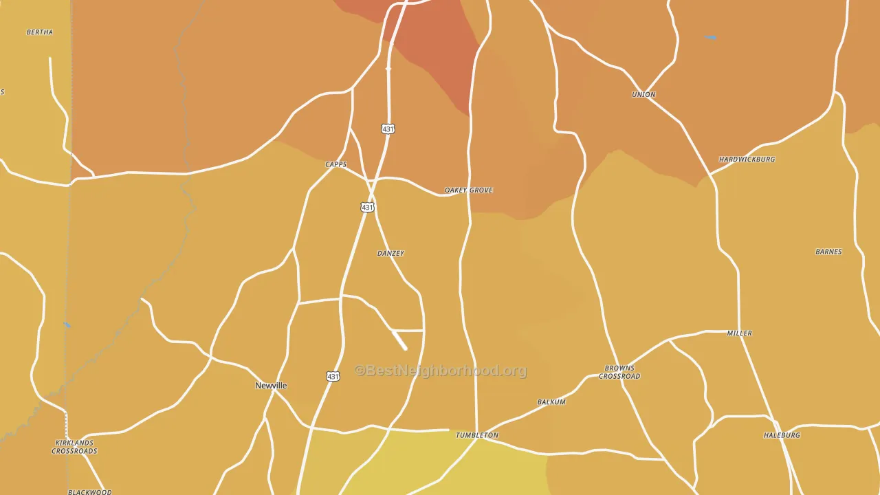 Map of the best neighborhoods in the Henry County area, with better matches in green and worse matches in red