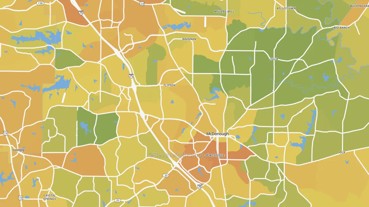 Map of the best neighborhoods in the Henry County area, with better matches in green and worse matches in red