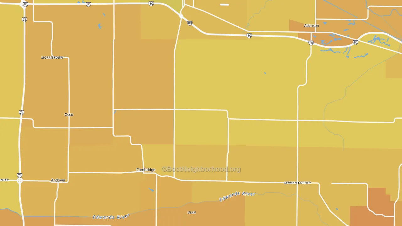 Map of the best neighborhoods in the Henry County area, with better matches in green and worse matches in red