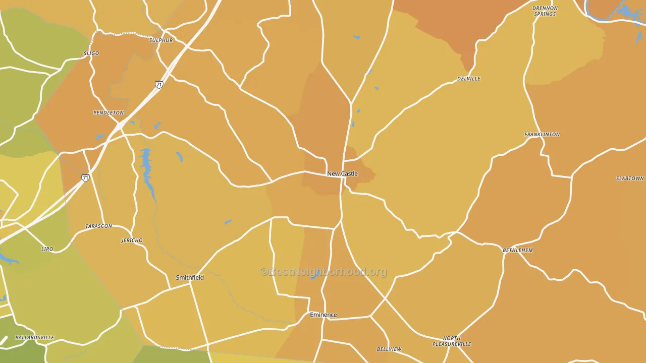 Map of the best neighborhoods in the Henry County area, with better matches in green and worse matches in red