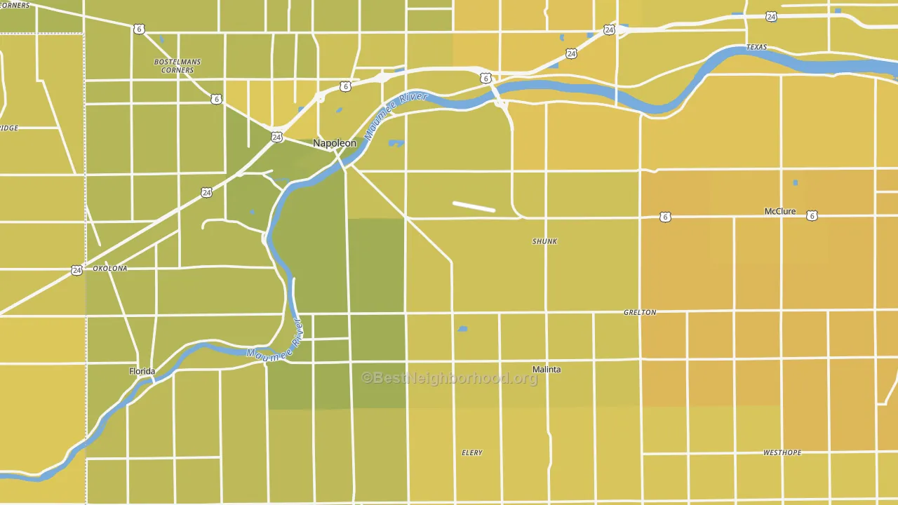 Map of the best neighborhoods in the Henry County area, with better matches in green and worse matches in red