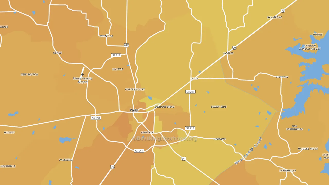 Map of the best neighborhoods in the Henry County area, with better matches in green and worse matches in red