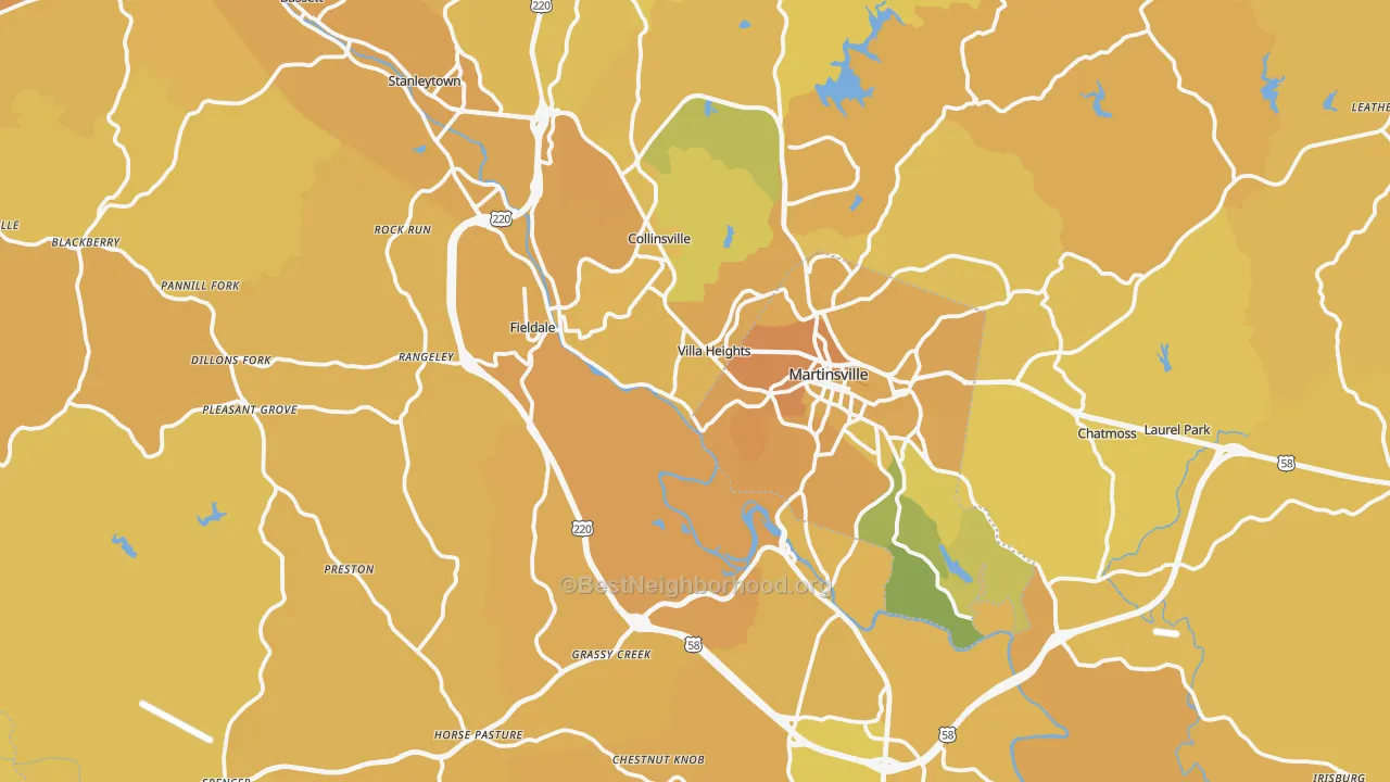Map of the best neighborhoods in the Henry County area, with better matches in green and worse matches in red