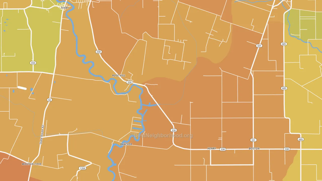 Map of the best neighborhoods in the Henry area, with better matches in green and worse matches in red