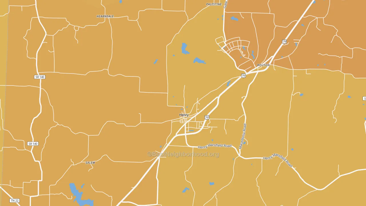Map of the best neighborhoods in the Henry area, with better matches in green and worse matches in red
